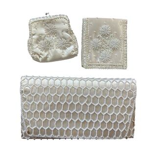 Vintage 60s beaded silk clutch set - white - 1960s
